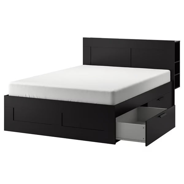 IKEA BRIMNES Bed frame with storage & headboard, black/Luröy, Queen