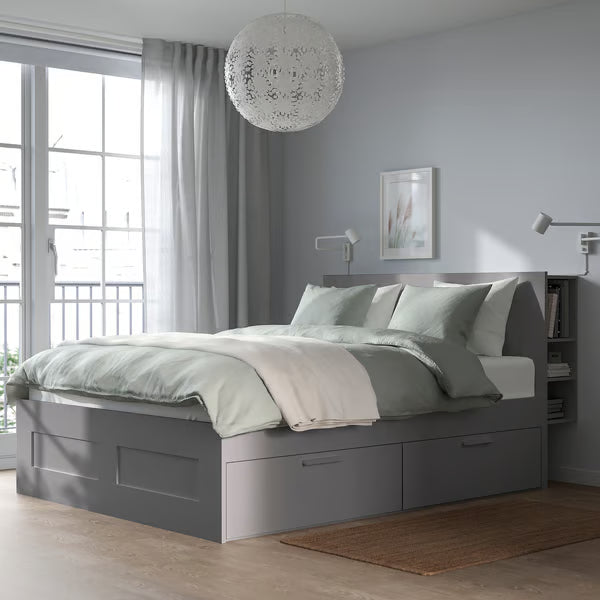 IKEA BRIMNES Bed frame with storage & headboard, gray/Luröy, Queen