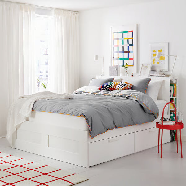 IKEA BRIMNES Bed frame with storage & headboard, white/Luröy, Queen