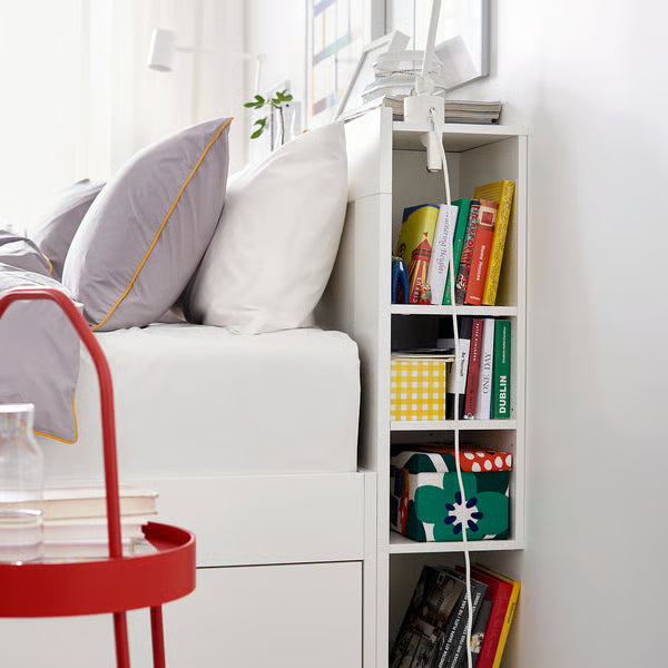 IKEA BRIMNES Bed frame with storage & headboard, white/Luröy, Queen
