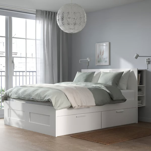 IKEA BRIMNES Bed frame with storage & headboard, white/Luröy, Queen