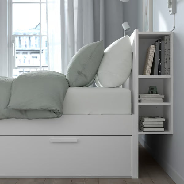 IKEA BRIMNES Bed frame with storage & headboard, white/Luröy, Queen
