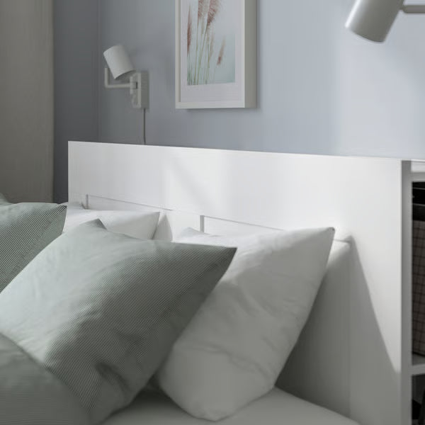IKEA BRIMNES Bed frame with storage & headboard, white/Luröy, Queen