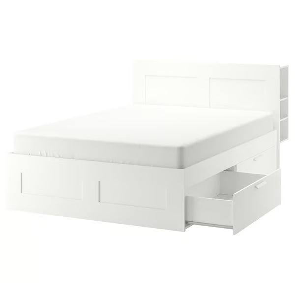 IKEA BRIMNES Bed frame with storage & headboard, white/Luröy, Queen