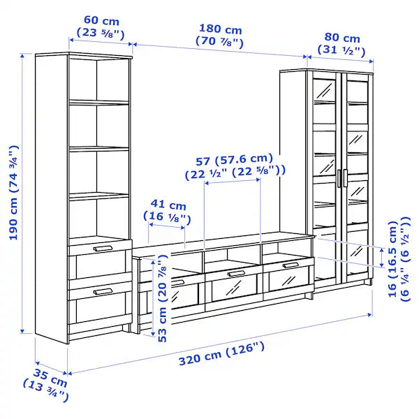 IKEA BRIMNES TV storage combination/glass doors, white, 126x16 1/8x74 3/4 "