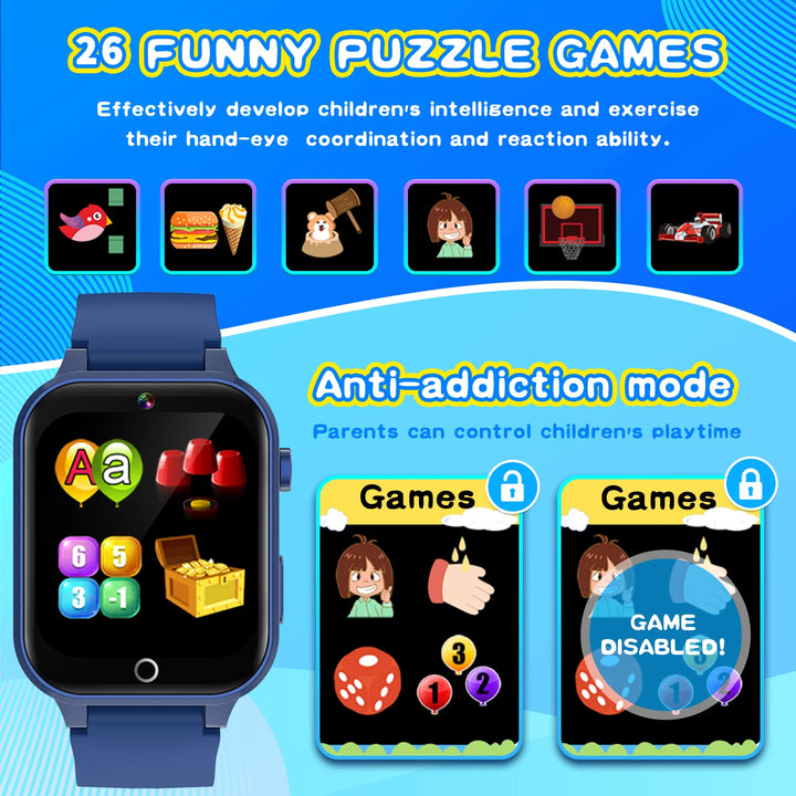 Vakzovy Kids Smart Watch for Boys 4-12 Years Old Birthday Gift, Vakzovy Waterproof Educationals Smart Watch, Dual Camera, 24 Puzzle Games,Music Player, Toddler Watch Learning Toys(Blue)