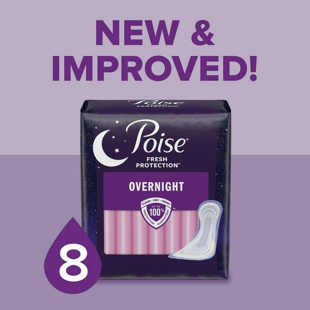 Poise Incontinence Pads for Women, 8 Drop, Overnight Absorbency, Extra-Coverage, 22Ct, POISE PAD LNG 22