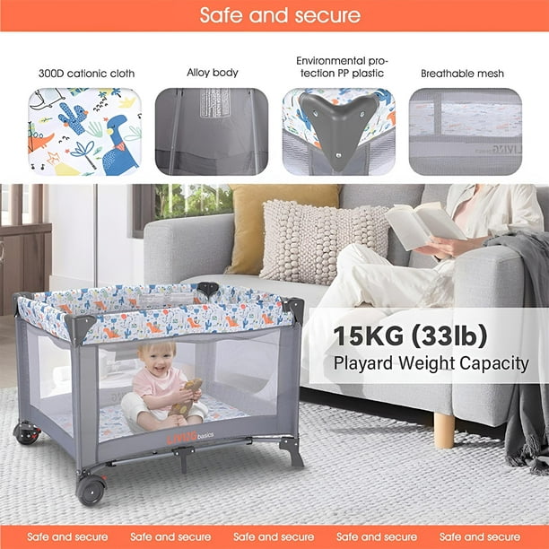 LIVINGbasics  Portable Baby Playard with Changing Table and Bassinet, Foldable Nursery Center Travel Playard Baby Playpen Crib Bed, Grey