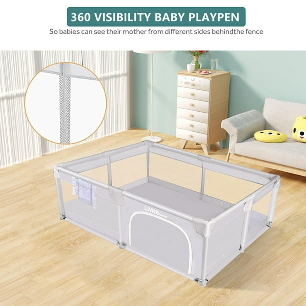 73"x61" Extra Large Baby Playpen, Kids Activity Safety Center with Zipper Door and Breathable Mesh ,Sturdy Play Yard for Babies and Toddlers, Light Grey