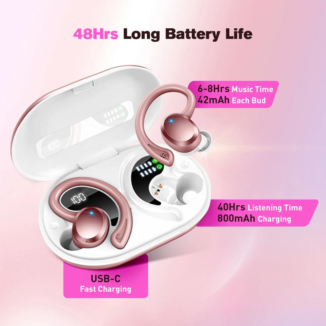 ETEPEHI Wireless Earbuds Bluetooth Headphones - ETEPPEHI Bluetooth 5.3 Stereo Ear Buds with Earhooks, ENC Noise Cancelling Mic, IP7 Waterproof Earphone for Workout/Running, Pink