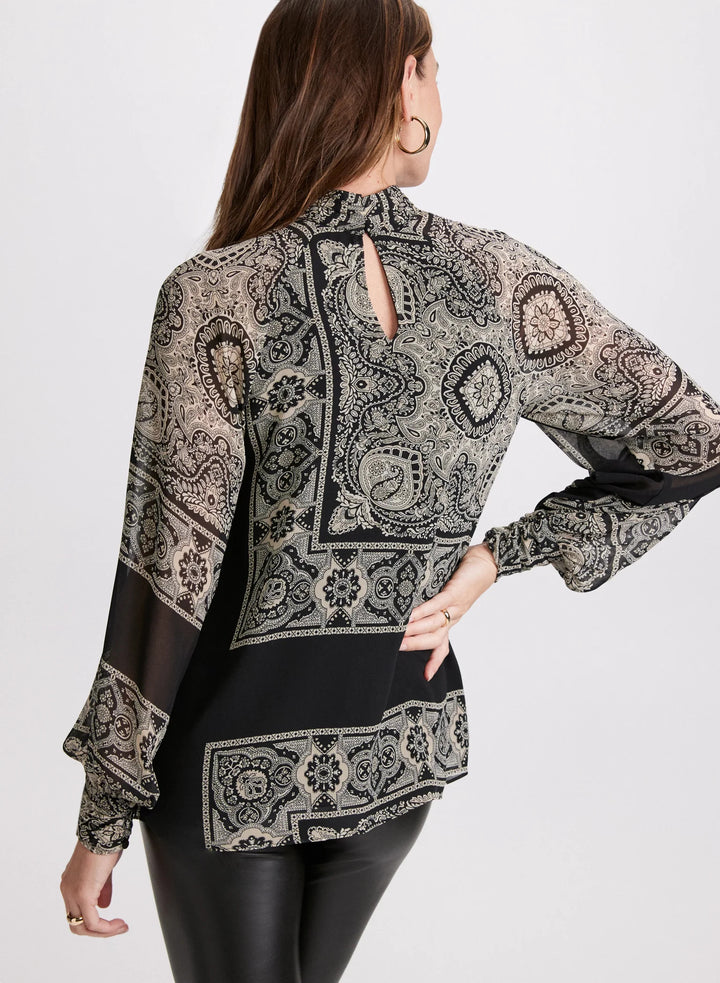 LAURA Scarf Print Mock Neck Blouse