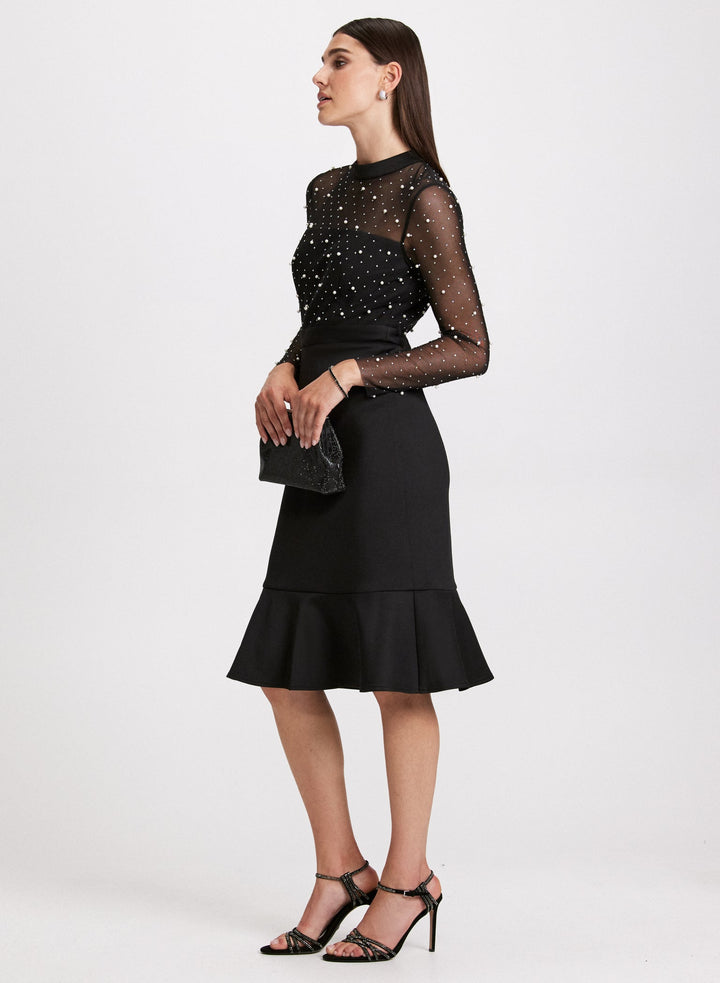 LAURA Pearl Embellished Mesh Detail Dress