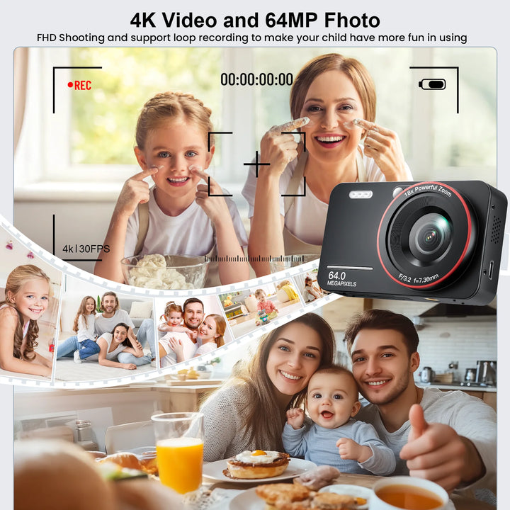 Losei 64MP 4K Digital Camera, 2.8" Screen 18X Digital Zoom Anti Shake Compact Retro Camera, Vlogging Camera for Kids Teens Seniors with 32GB Card（Black）