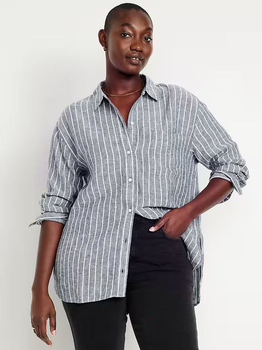 Old Navy Button-Down Linen-Blend Striped Shirt