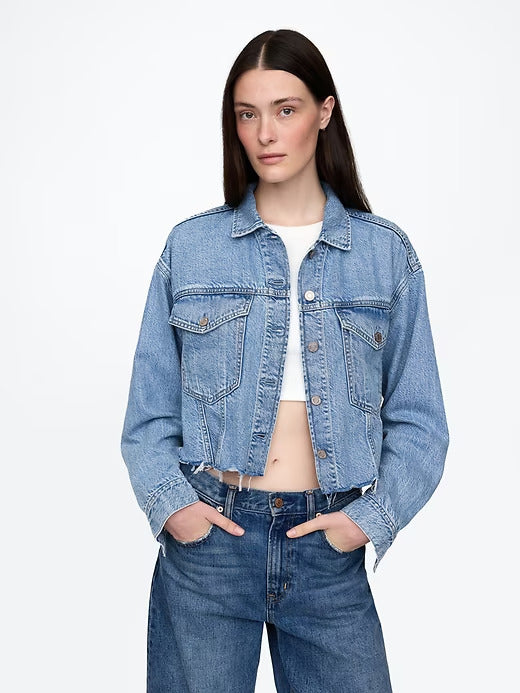 Gap Cropped Floral Denim Icon Jacket