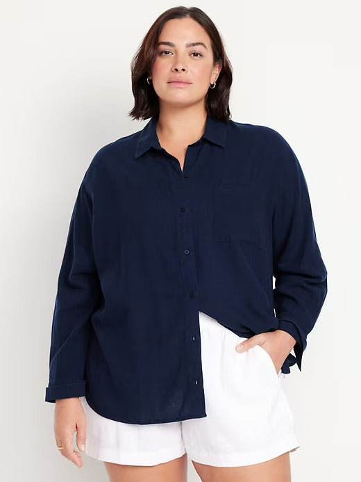 Old Navy Button-Down Linen-Blend Striped Shirt