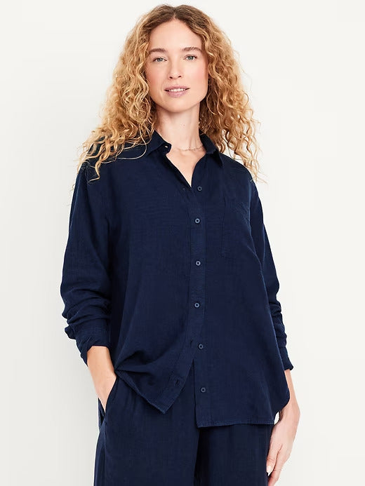 Old Navy Button-Down Linen-Blend Striped Shirt