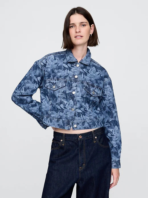 Gap Cropped Floral Denim Icon Jacket