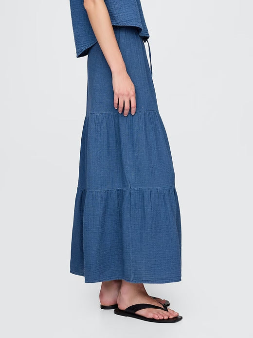 Gap Crinkle Gauze Denim Tiered Maxi Skirt