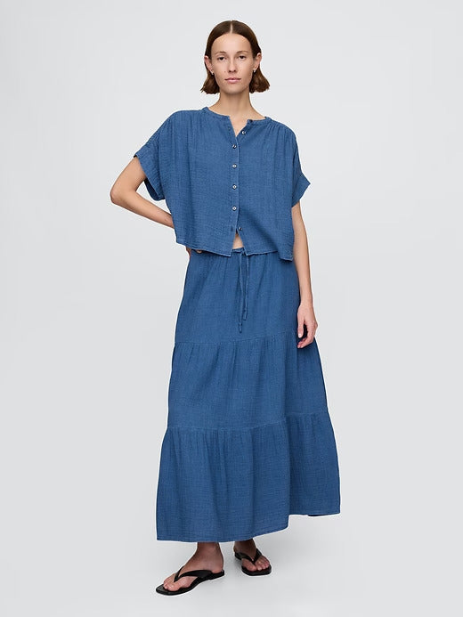 Gap Crinkle Gauze Denim Tiered Maxi Skirt
