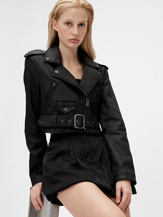 GapStudio Coated Denim Cropped Moto Jacket