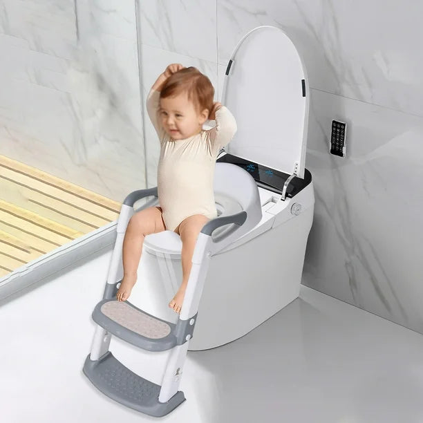 LIVINGbasics Foldable Potty Training Toilet Seat with Anti-Slip Step Stool Ladder and Soft Padded Cushion, Toddler Baby Toilet Potty Chair with 5 Adjustable Height
