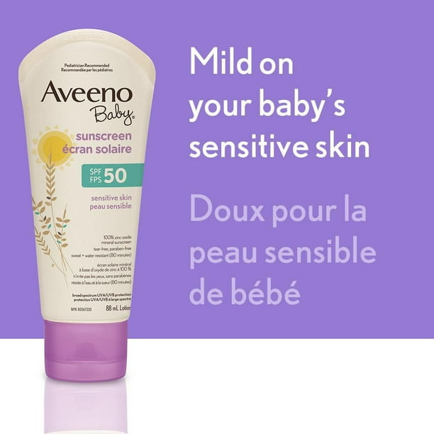 Aveeno Baby Mineral Sunscreen Lotion SPF 50 - 100% Naturally Sourced Zinc Oxide for Sensitive Skin - Water Resistant, 88 mL