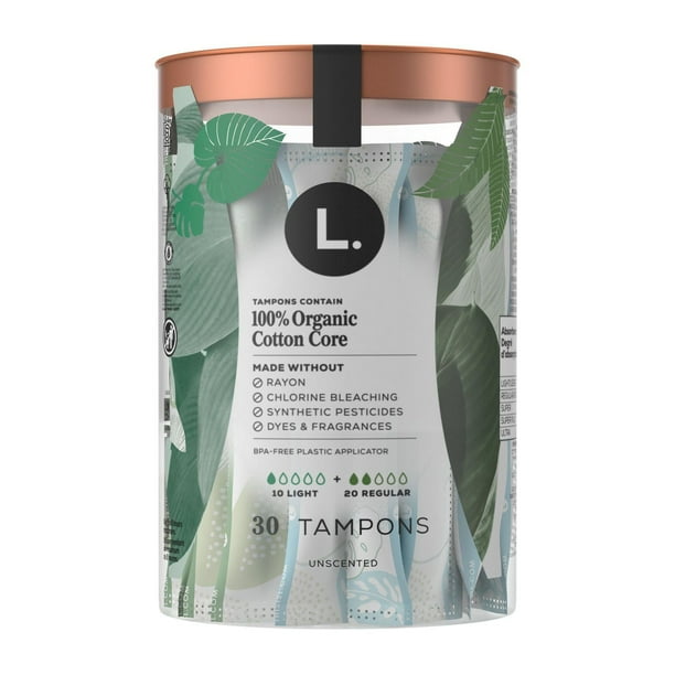 L. Cotton Tampons Light/Regular Absorbency Multipack, Free from Chlorine Bleaching, Pesticides, Fragrances, or Dyes, 30CT