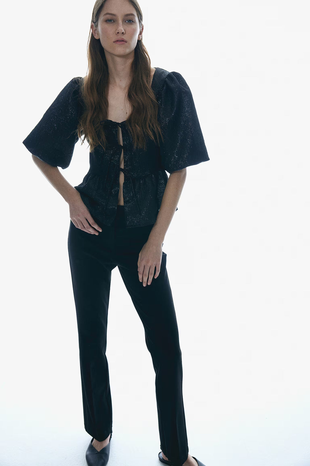 H&M Jacquard-Weave Tie-Front Blouse