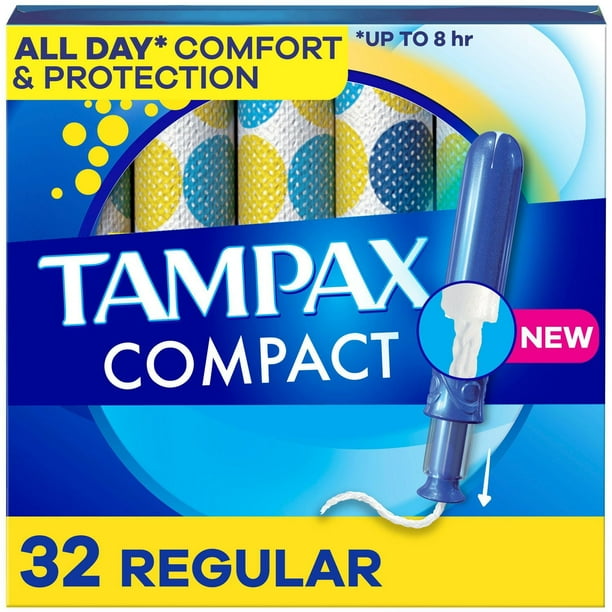Tampax Compact Pearl Tampons, with LeakGuard Braid & Extendable Applicator, Regular Absorbency, Compact Extendable Applicator, Unscented, 32CT