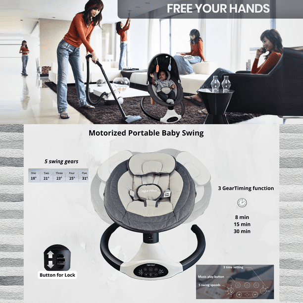 P@B PBell Baby Swing for Infants, Bluetooth Music Speaker 5 Speeds and Remote Control. Five-Point Seat Belt. Baby Swing regulated by Innovation, Science and Economic Development Canada (ISDE).