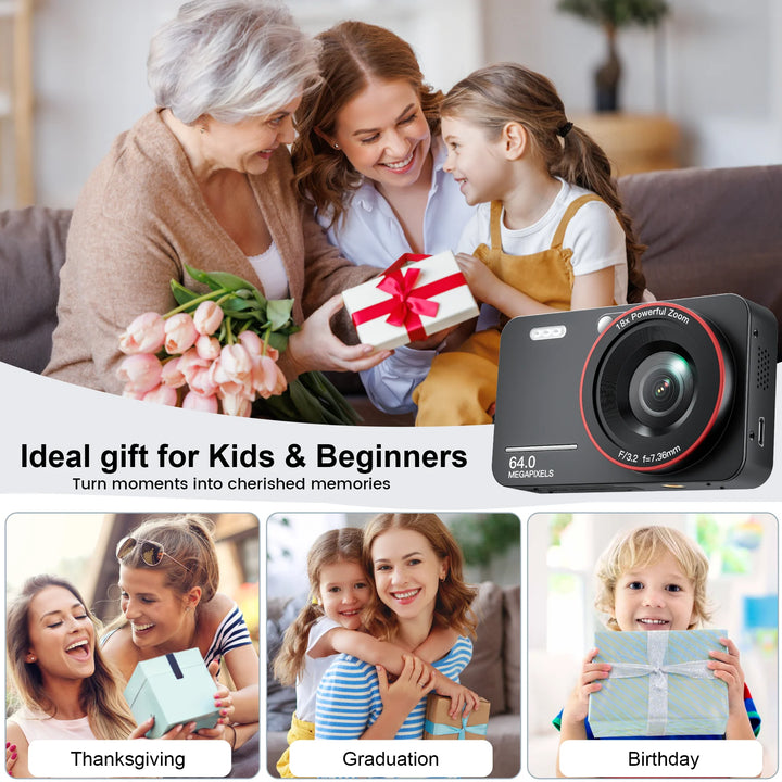 Losei 64MP 4K Digital Camera, 2.8" Screen 18X Digital Zoom Anti Shake Compact Retro Camera, Vlogging Camera for Kids Teens Seniors with 32GB Card（Black）