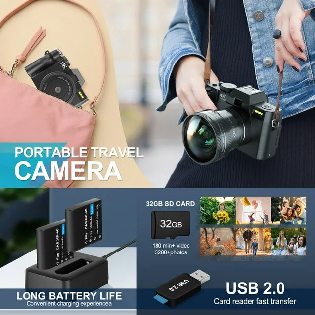 HHdemon 48MP 4K Digital Camera with 180° Flip Screen, WiFi & App Control