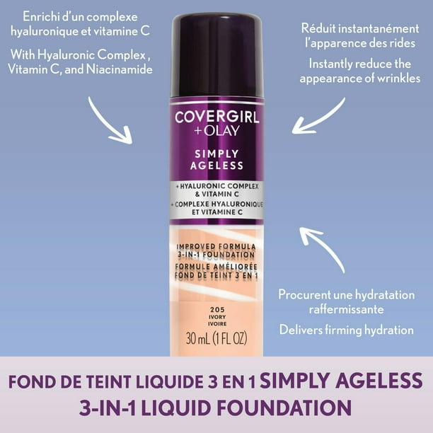 COVERGIRL Simply Ageless 3-in-1 Liquid Foundation Infused with Hyaluronic Complex, Vitamin C and Niacinamide - Hydrating Formula, 100% Cruelty-Free, 3-in-1 Liquid Foundation