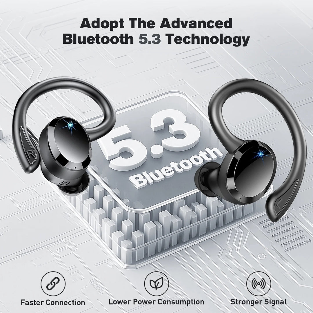 ETEPEHI Wireless Earbuds - Bluetooth Headphones 5.3 Stereo over Ear Buds with Earhooks, ENC Noise Cancelling Mic, IP7 Waterproof Earphone for Workout/Running, Black