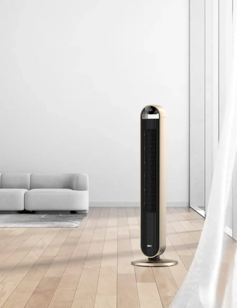 Dreo - 120°Oscillating Bladeless Fan for Bedroom, 25dB Quiet DC Motor, Standing Fan with Remote, 12 Hyper Wind Speeds - Gold