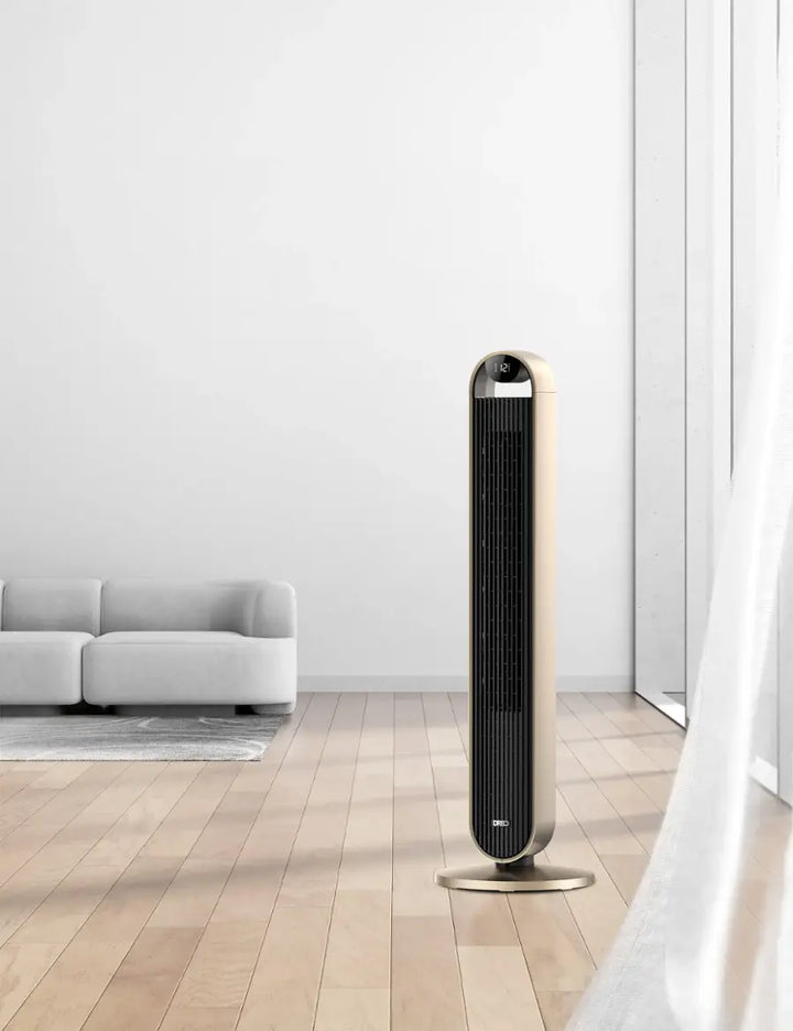 Dreo - 120°Oscillating Bladeless Fan for Bedroom, 25dB Quiet DC Motor, Standing Fan with Remote, 12 Hyper Wind Speeds - Gold