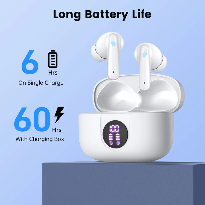 VEAT00L P91 Wireless Earbuds, Bluetooth Headphones V5.4 Stereo Ear buds with Noise Cancelling Mics, 60H Playback Mini Case with Dual LED Display, IP7 Waterproof in-Ear Earphones for Android iOS