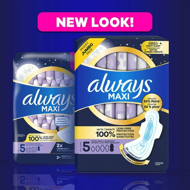 Always Maxi Overnight Pads with Wings for Women, Size 5, Extra Heavy Overnight Absorbency, Unscented, 36CT