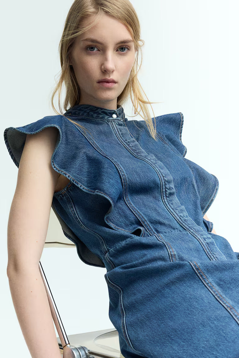 H&M Flounce-Trimmed Denim Dress