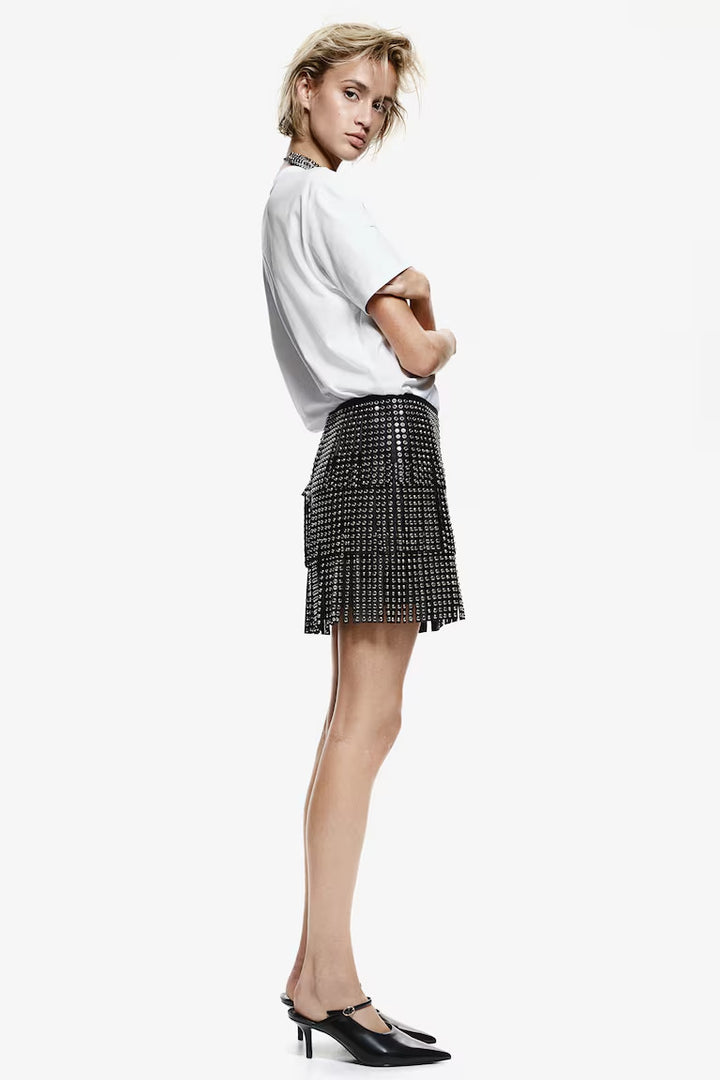 H&M RHINESTONE-DECORATED FRINGED SKIRT