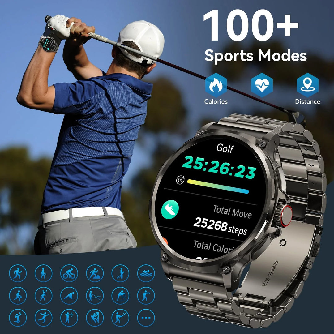 Mingdaln 2025 New 1.85 inch Men's Military Smart Watch fits for Android and Iphone Devices (Black)