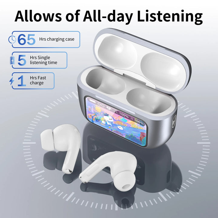 Wireless Bluetooth Touchscreen Earbuds,75H Bass Stereo Ear Buds with 6 EQ Modes,Multifunction LED Full Color VEATOOL Touchscreen Wireless Earphones with ENC Mic,ANC Noise Cancelling/Transparency Mode