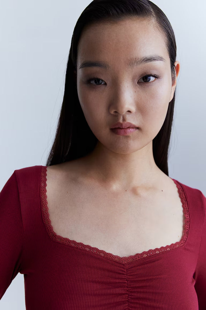 H&M LACE-TRIMMED RIBBED TOP