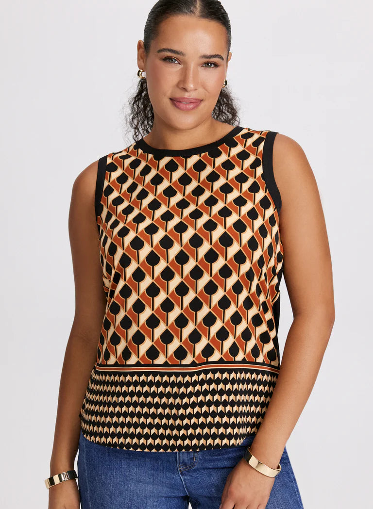 LAURA Geometric Print Sleeveless Mock Neck Top