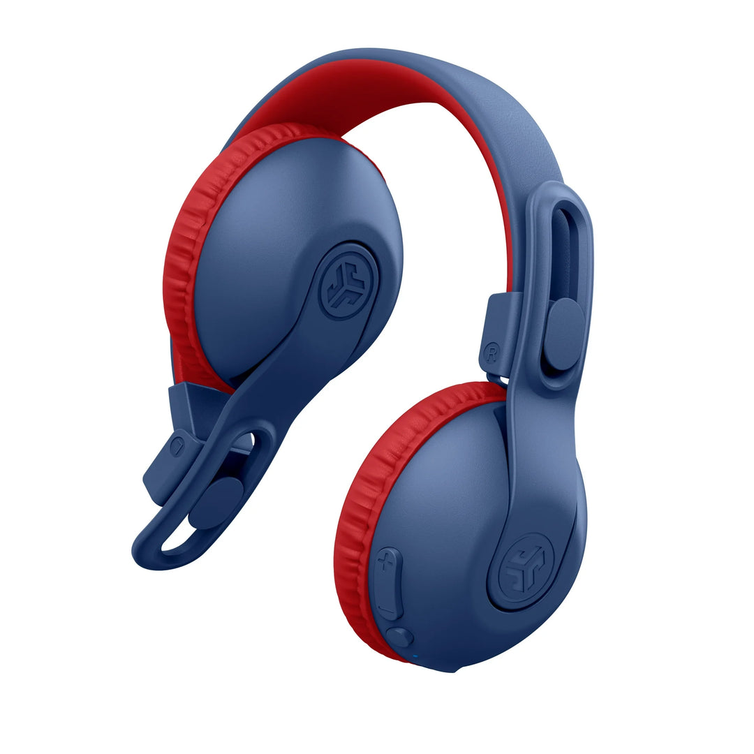 JLab JBuddies Studio 2 On-Ear Kids Wireless Headphones, Blue/Red, Volume Safe, Folding, Adjustable, Noise Isolation, Mic