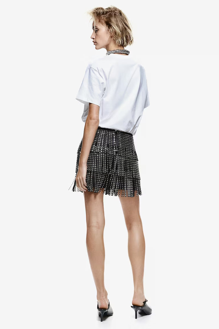 H&M RHINESTONE-DECORATED FRINGED SKIRT