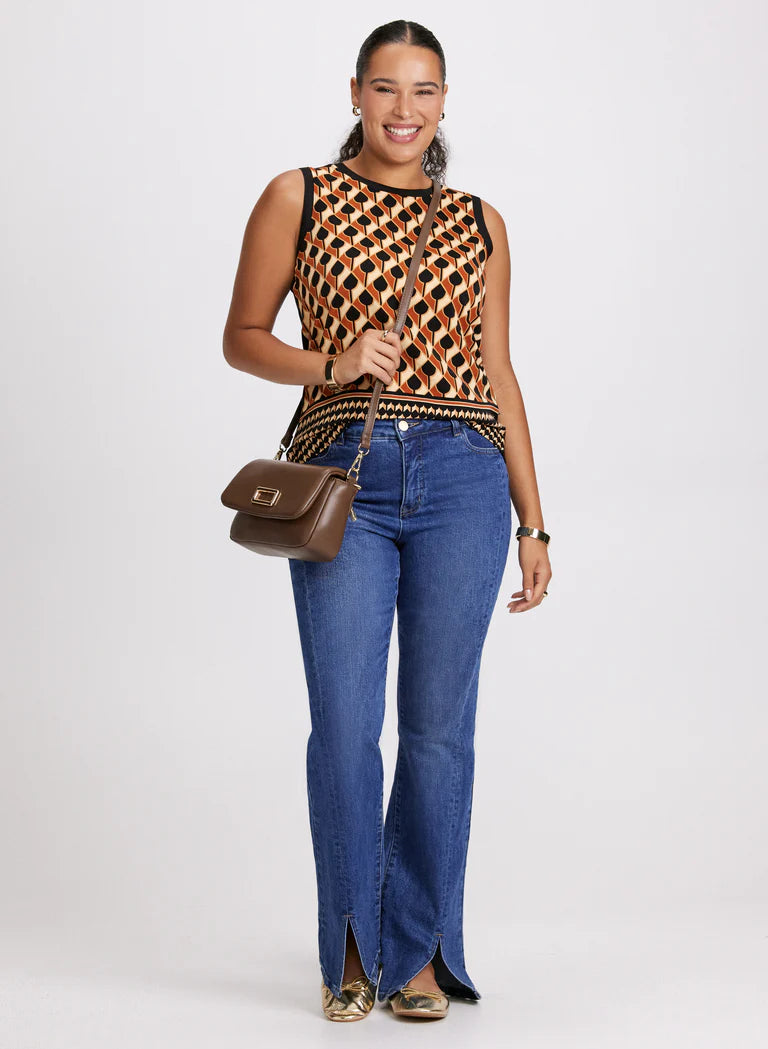LAURA Geometric Print Sleeveless Mock Neck Top
