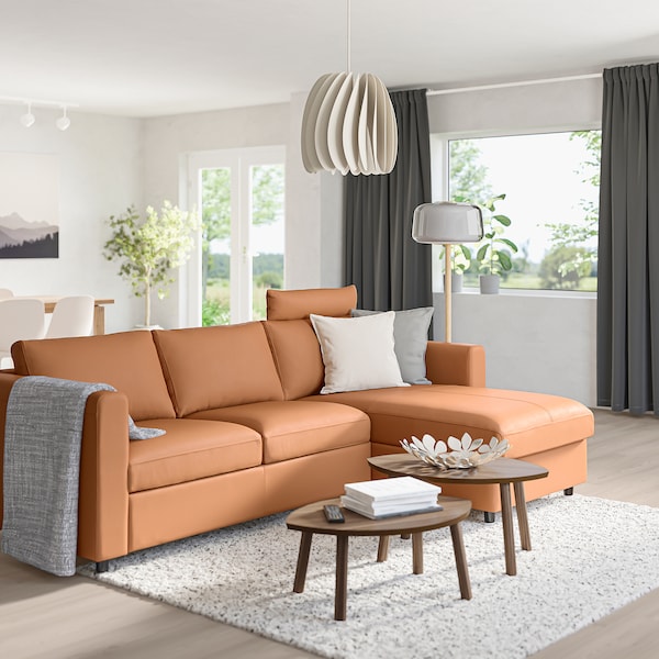 IKEA FINNALA Sofa with chaise, with headrest/Grann/Bomstad golden brown