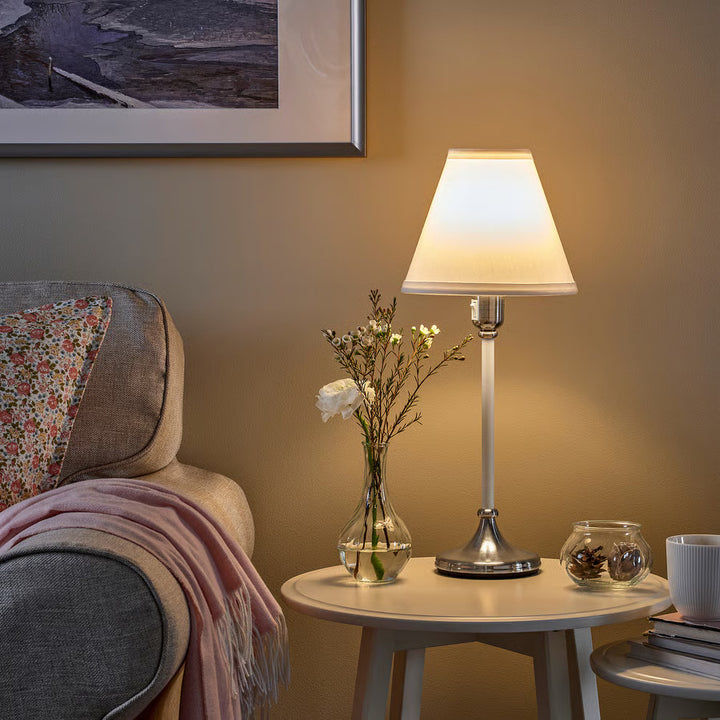 IKEA FLYGHÖJD Table lamp, brass/beige, 21 "